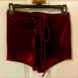 Red crushed velvet festival shorts